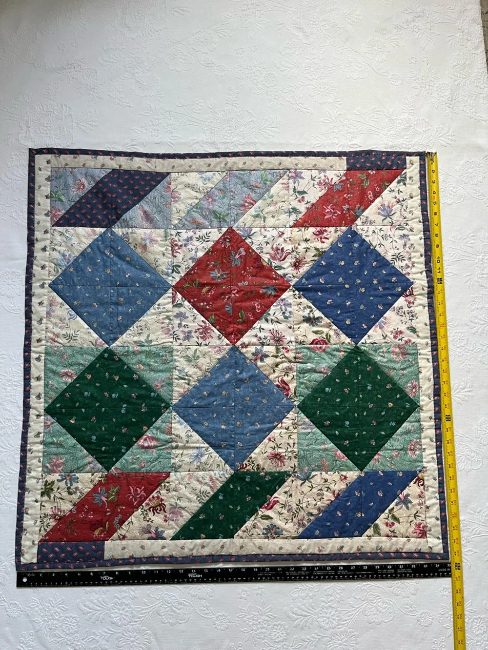 Vintage Patchwork Square Quilt Holiday Villagers Handmade Floral Wall Table Deco